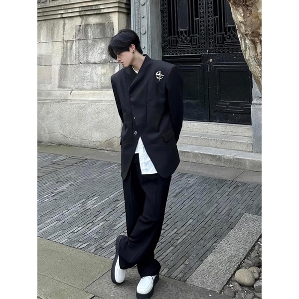 Áo Khoác blazer Cổ Trụ Áo Vest nam nữ phong cách hàn AV026. (Tặng kèm)phụ kiện ulzzang siêu chất màu đen