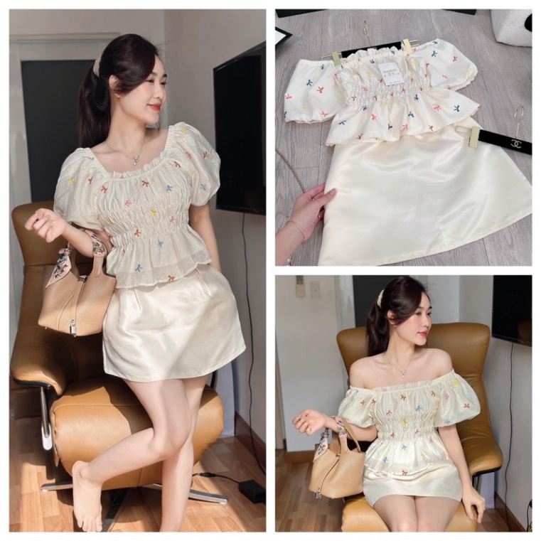 𝗩𝗶𝗱𝗲𝗼 𝗔̉𝗻𝗵 𝗧𝗵𝗮̣̂𝘁 ✔ Set áo hoa trễ vai chun eo mix phần chân váy Áo thô hoa QC mềm đẹp, chạy chun ôm dáng, đuôi xoè c
