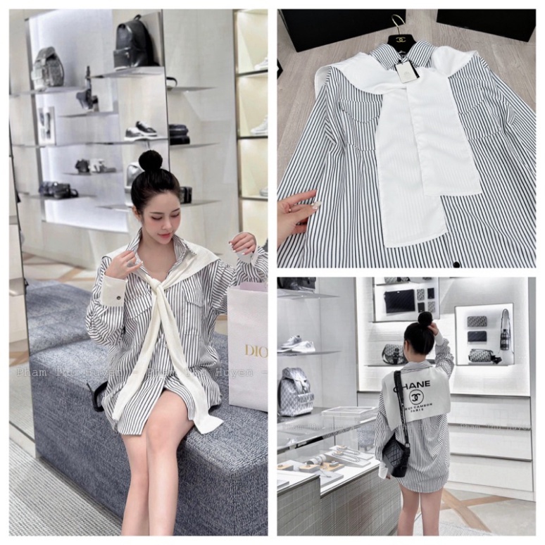 𝗩𝗶𝗱𝗲𝗼 𝗔̉𝗻𝗵 𝗧𝗵𝗮̣̂𝘁 ✔ Váy sơmi sọc kẻ kèm vạt thuỷ thủ Cha.nel Vải sơmi sọc kẻ thô mềm QC thời thượng duyệt y mẫu nhé, d