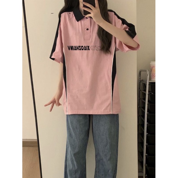(Order) Áo polo ulzzang nữ tone màu hồng xinh xắn phối vạt màu đen cá tính Girl Crush