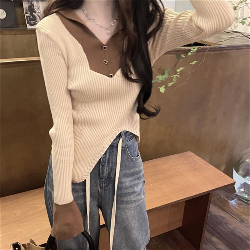 Jiashucheng Áo Sweater Tay Dài Cổ Chữ V Dáng Ôm Phong Cách Mùa Thu Mới Cho Nữ