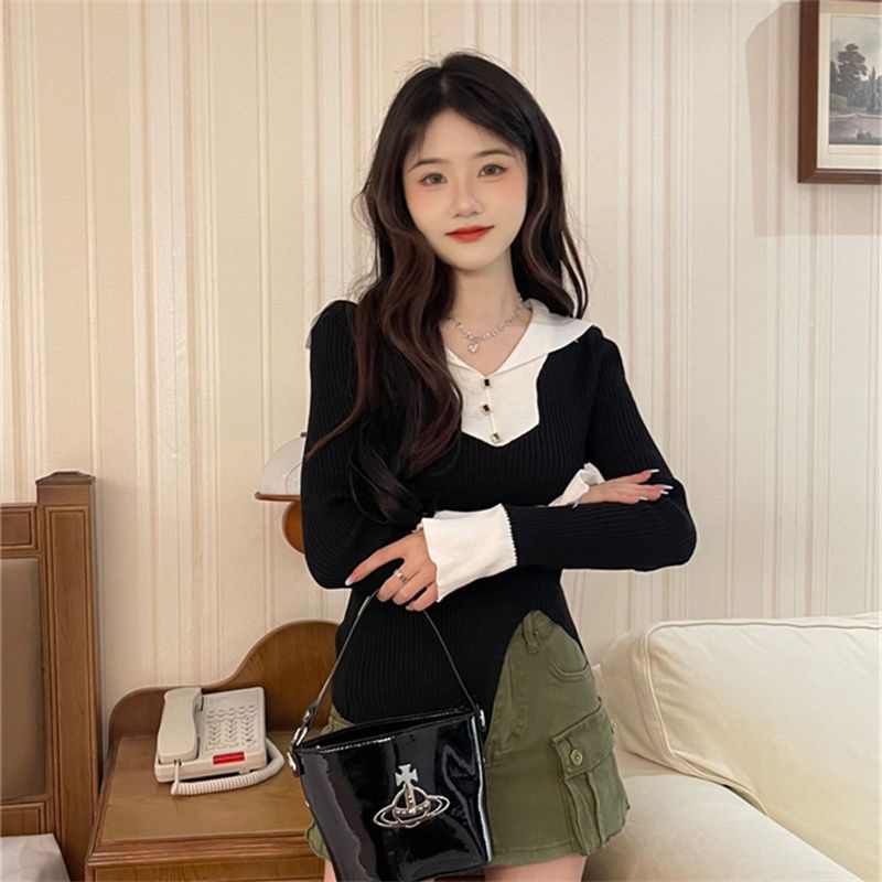 Jiashucheng Áo Sweater Tay Dài Cổ Chữ V Dáng Ôm Phong Cách Mùa Thu Mới Cho Nữ