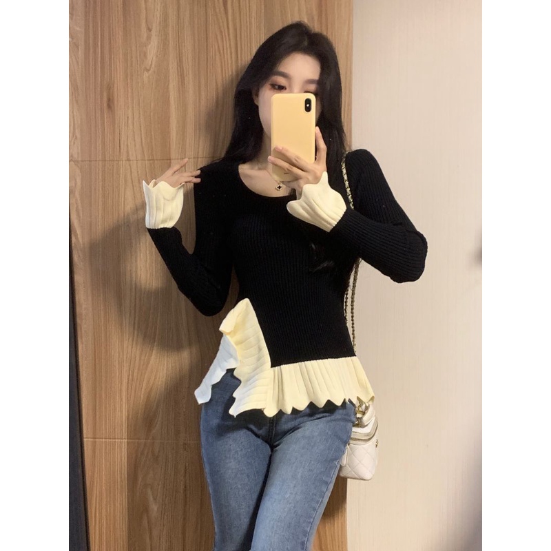 Jiashucheng Áo Sweater Dáng Ôm Dài Mỏng Vừa Vặn Phối Bèo Màu Tương Phản Thời Trang Thu Đông Mới Cho Nữ @ -