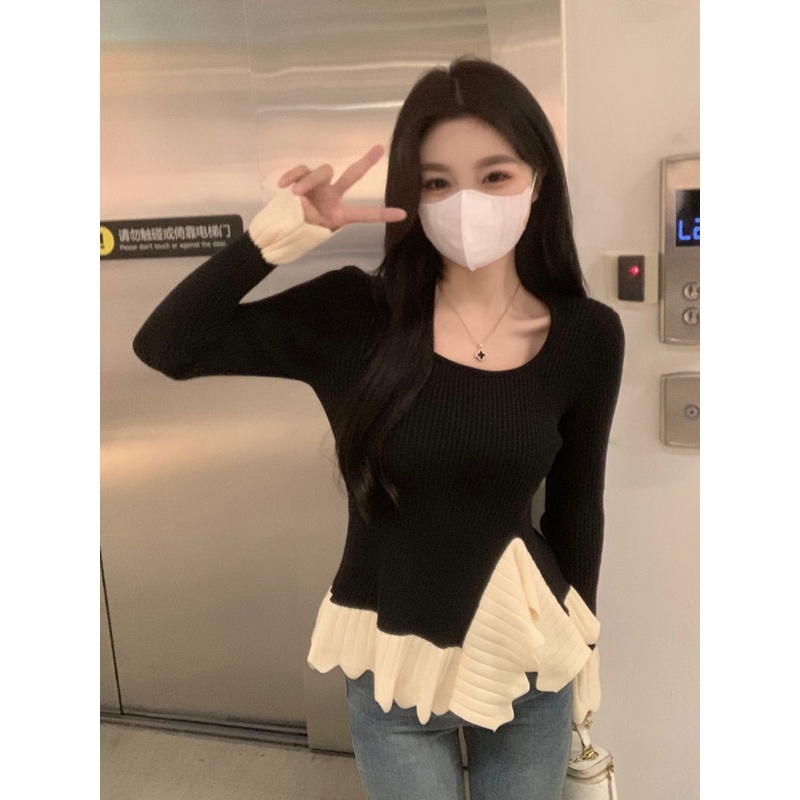 Jiashucheng Áo Sweater Dáng Ôm Dài Mỏng Vừa Vặn Phối Bèo Màu Tương Phản Thời Trang Thu Đông Mới Cho Nữ @ -