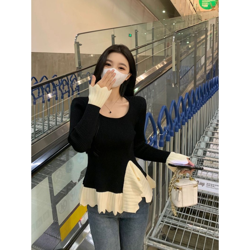 Jiashucheng Áo Sweater Dáng Ôm Dài Mỏng Vừa Vặn Phối Bèo Màu Tương Phản Thời Trang Thu Đông Mới Cho Nữ @ -