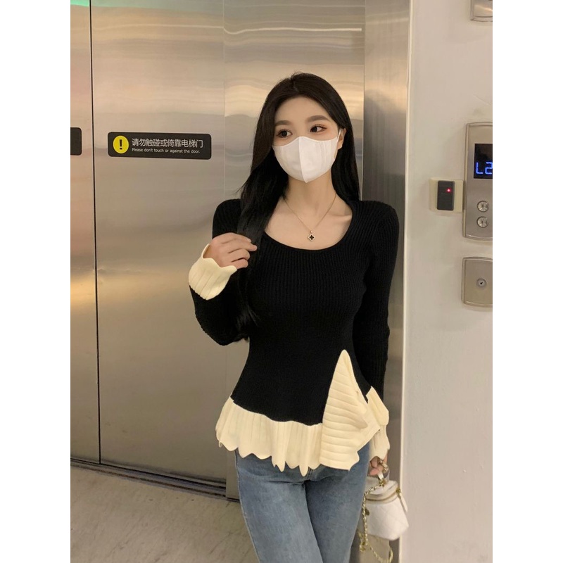 Jiashucheng Áo Sweater Dáng Ôm Dài Mỏng Vừa Vặn Phối Bèo Màu Tương Phản Thời Trang Thu Đông Mới Cho Nữ @ -