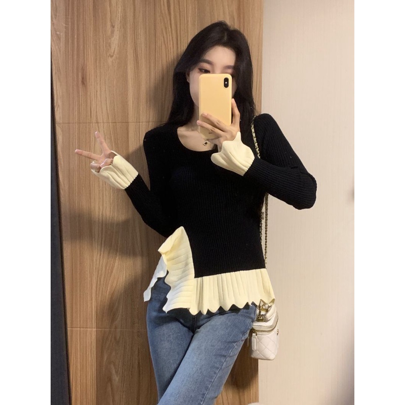 Jiashucheng Áo Sweater Dáng Ôm Dài Mỏng Vừa Vặn Phối Bèo Màu Tương Phản Thời Trang Thu Đông Mới Cho Nữ @ -