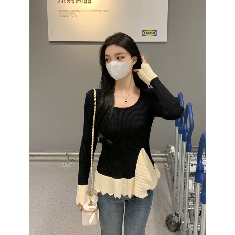 Jiashucheng Áo Sweater Dáng Ôm Dài Mỏng Vừa Vặn Phối Bèo Màu Tương Phản Thời Trang Thu Đông Mới Cho Nữ @ -