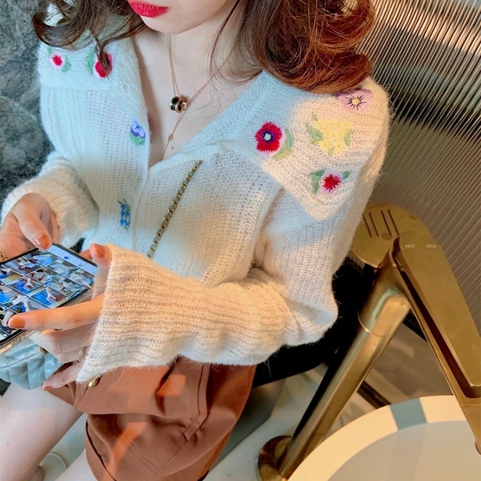 Jiashucheng Áo Khoác Cardigan Dệt Kim Mỏng Tay Dài Dáng Rộng Thêu Họa Tiết Xinh Xắn Cho Nữ