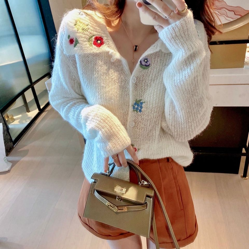 Jiashucheng Áo Khoác Cardigan Dệt Kim Mỏng Tay Dài Dáng Rộng Thêu Họa Tiết Xinh Xắn Cho Nữ