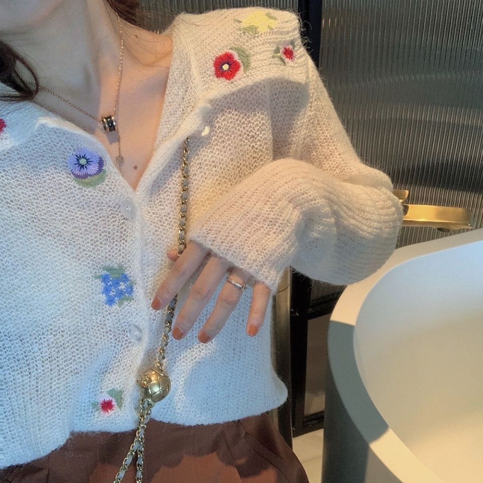 Jiashucheng Áo Khoác Cardigan Dệt Kim Mỏng Tay Dài Dáng Rộng Thêu Họa Tiết Xinh Xắn Cho Nữ