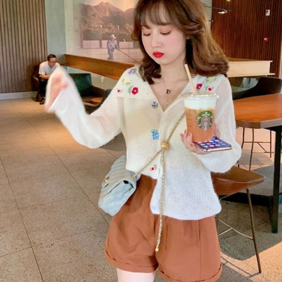 Jiashucheng Áo Khoác Cardigan Dệt Kim Mỏng Tay Dài Dáng Rộng Thêu Họa Tiết Xinh Xắn Cho Nữ