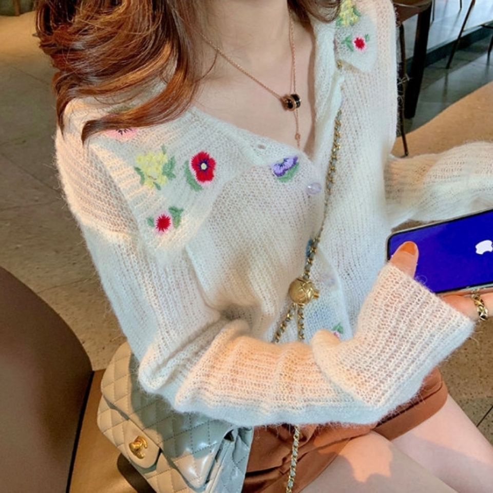 Jiashucheng Áo Khoác Cardigan Dệt Kim Mỏng Tay Dài Dáng Rộng Thêu Họa Tiết Xinh Xắn Cho Nữ