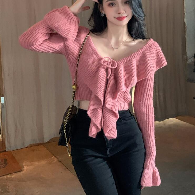 Jiashucheng Áo Sweater Tay Loe Cột Dây Dáng Ôm Ngắn Màu Hồng Dễ Phối Đồ Phong Cách Mùa Thu Hàng Mới Dành Cho Bạn