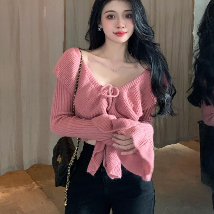 Jiashucheng Áo Sweater Tay Loe Cột Dây Dáng Ôm Ngắn Màu Hồng Dễ Phối Đồ Phong Cách Mùa Thu Hàng Mới Dành Cho Bạn