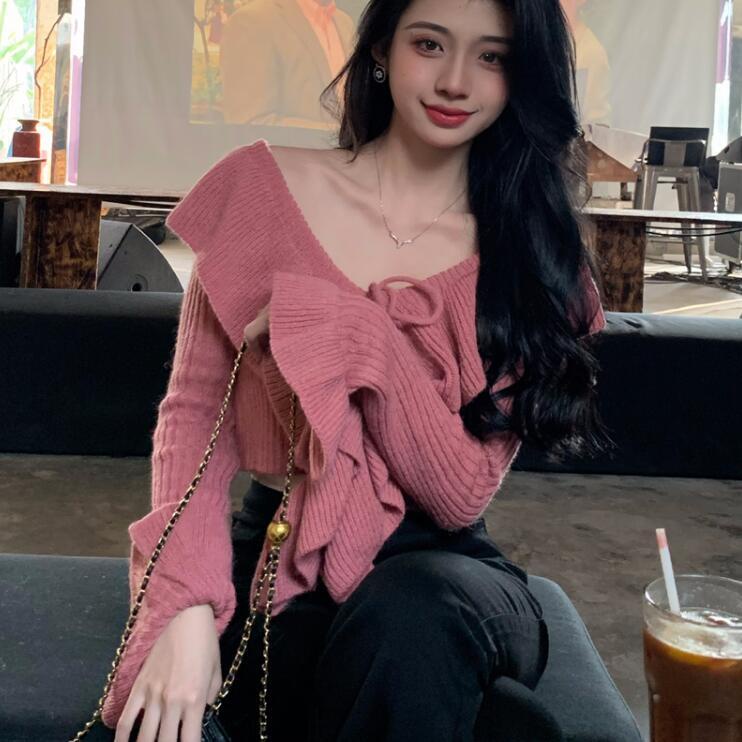 Jiashucheng Áo Sweater Tay Loe Cột Dây Dáng Ôm Ngắn Màu Hồng Dễ Phối Đồ Phong Cách Mùa Thu Hàng Mới Dành Cho Bạn