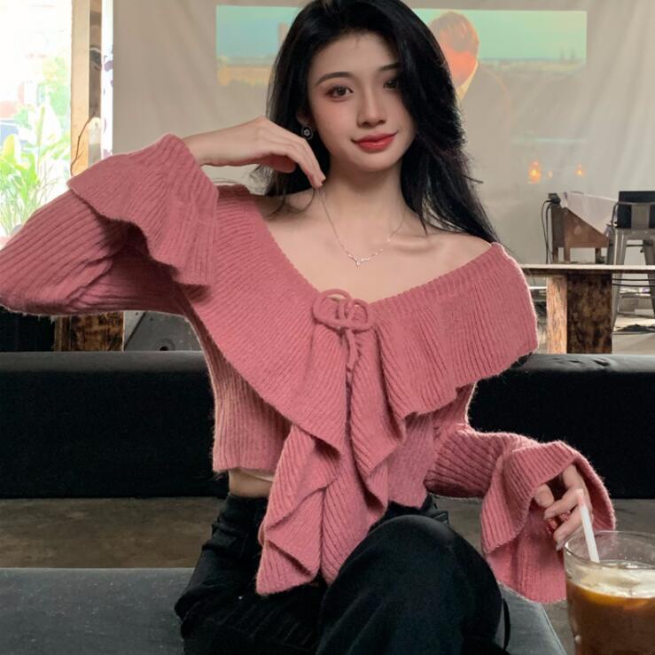 Jiashucheng Áo Sweater Tay Loe Cột Dây Dáng Ôm Ngắn Màu Hồng Dễ Phối Đồ Phong Cách Mùa Thu Hàng Mới Dành Cho Bạn