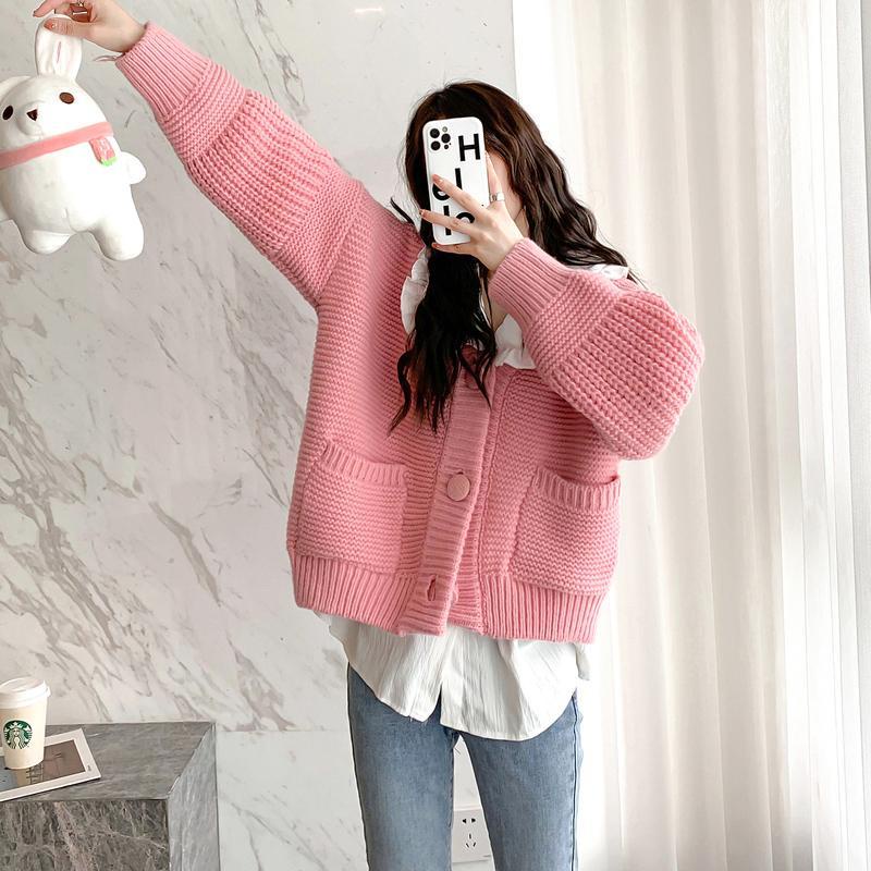 Jiashucheng Áo Khoác Cardigan Dệt Kim Dày Dáng Rộng Màu Trơn Phong Cách Hàn Quốc Ngọt Ngào Mùa Xuân Thu