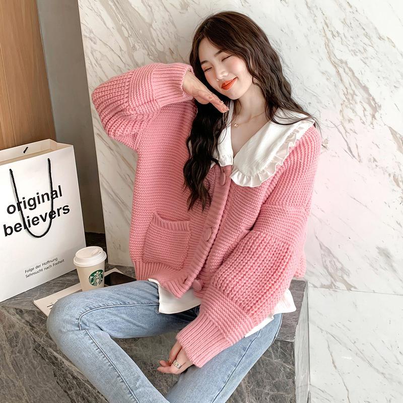 Jiashucheng Áo Khoác Cardigan Dệt Kim Dày Dáng Rộng Màu Trơn Phong Cách Hàn Quốc Ngọt Ngào Mùa Xuân Thu