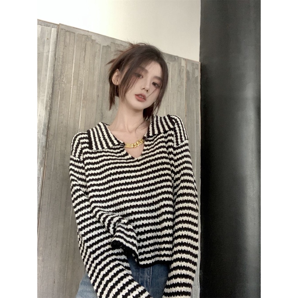Jiashucheng Áo Sweater Dáng Rộng Họa Tiết Kẻ Sọc Viền Kim Loại Kiểu Pháp Hepburn Thời Trang Mùa Xuân Mới Cho Nữ