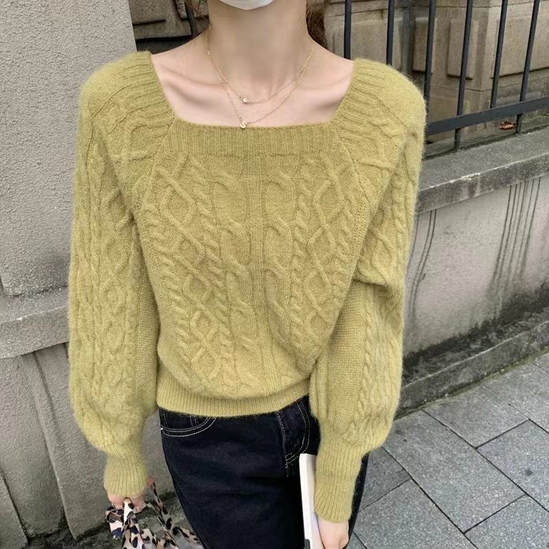 Jiashucheng Áo Sweater Cổ Vuông Xoắn Eo Mỏng Mùa Thu Phong Cách Hàn Quốc Mới Cho Nữ Sw