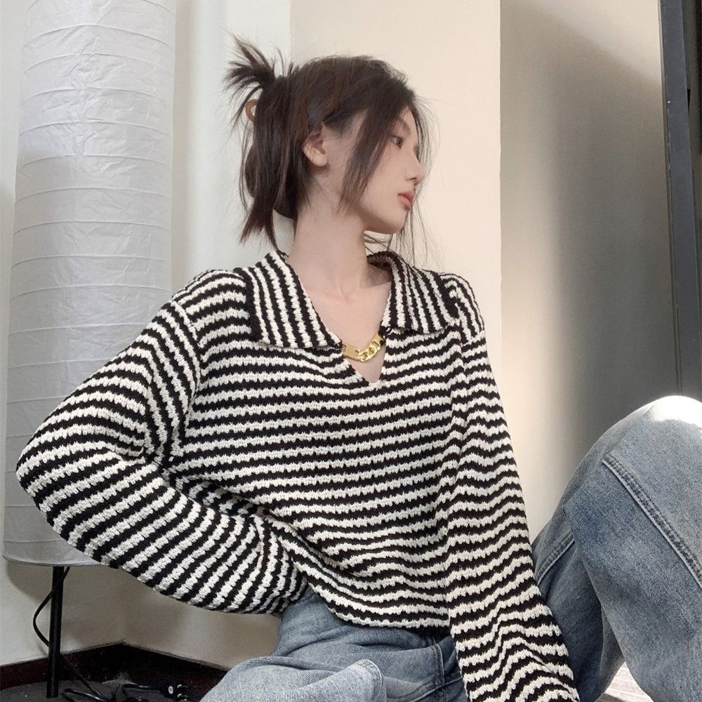 Jiashucheng Áo Sweater Dáng Rộng Họa Tiết Kẻ Sọc Viền Kim Loại Kiểu Pháp Hepburn Thời Trang Mùa Xuân Mới Cho Nữ