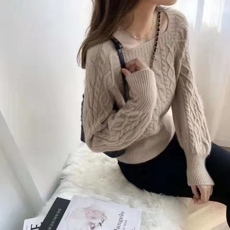 Jiashucheng Áo Sweater Cổ Vuông Xoắn Eo Mỏng Mùa Thu Phong Cách Hàn Quốc Mới Cho Nữ Sw