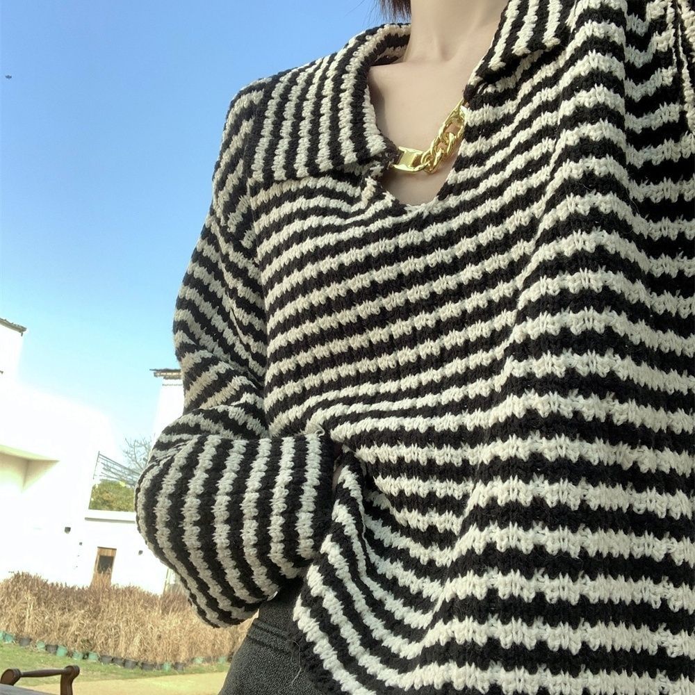 Jiashucheng Áo Sweater Dáng Rộng Họa Tiết Kẻ Sọc Viền Kim Loại Kiểu Pháp Hepburn Thời Trang Mùa Xuân Mới Cho Nữ