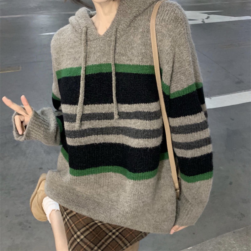 Jiashucheng Áo Hoodie Tay Dài Dáng Rộng Họa Tiết Kẻ Sọc Màu Sắc Tương Phản Phong Cách Hàn Quốc Cổ Điển Thời Trang Thu Đông Cho Nữ