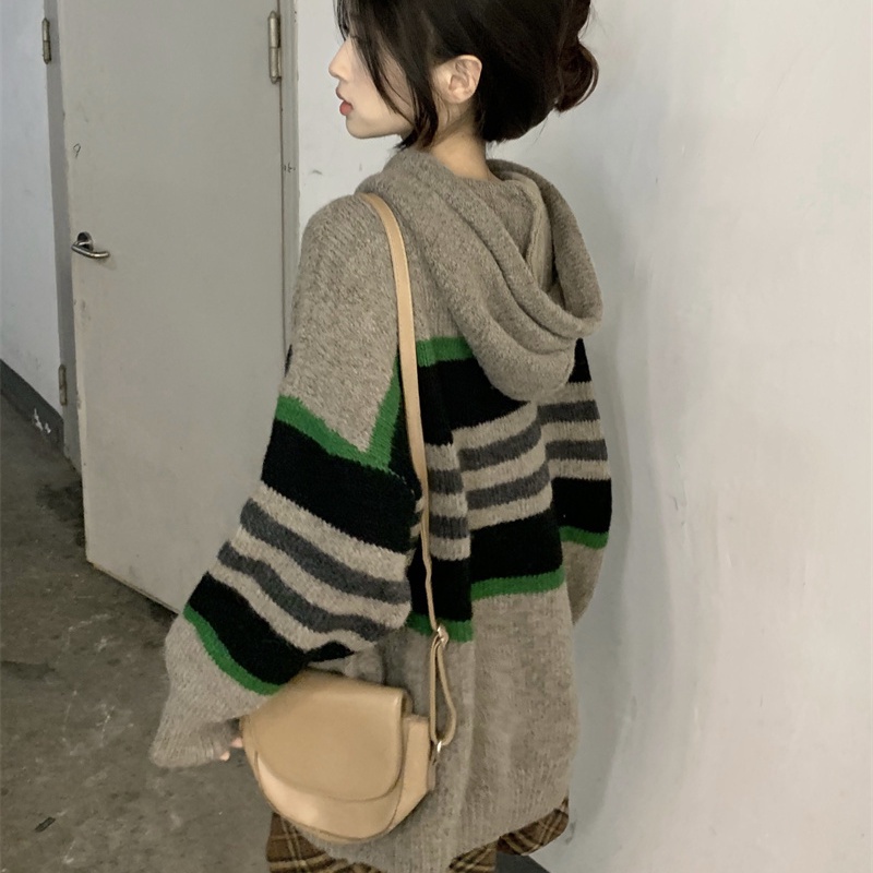 Jiashucheng Áo Hoodie Tay Dài Dáng Rộng Họa Tiết Kẻ Sọc Màu Sắc Tương Phản Phong Cách Hàn Quốc Cổ Điển Thời Trang Thu Đông Cho Nữ