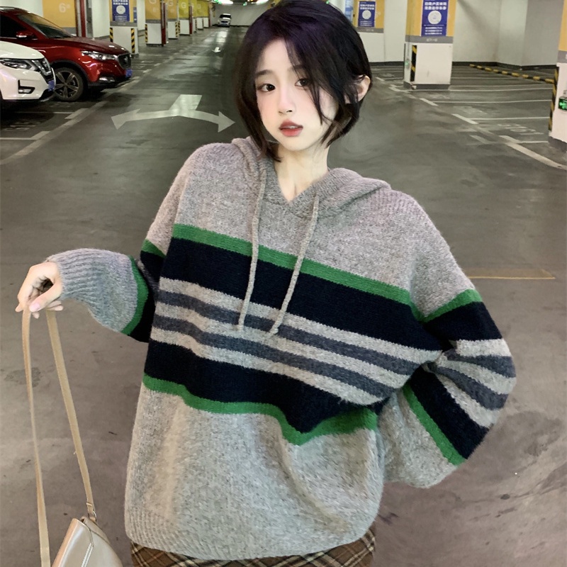Jiashucheng Áo Hoodie Tay Dài Dáng Rộng Họa Tiết Kẻ Sọc Màu Sắc Tương Phản Phong Cách Hàn Quốc Cổ Điển Thời Trang Thu Đông Cho Nữ