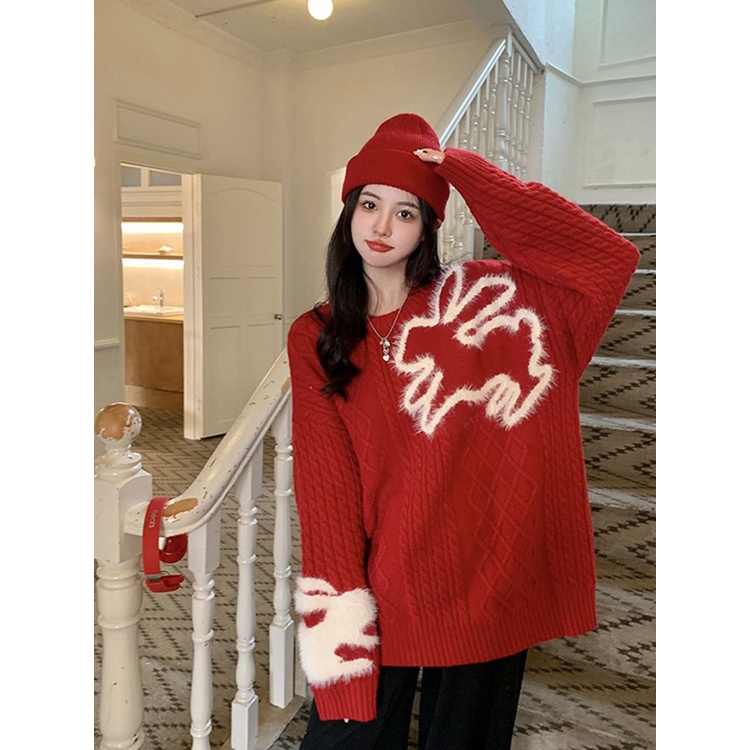 Jiashucheng Áo Sweater Dáng Rộng Mềm Mại Phối Lông Màu Đỏ Phong Cách Giáng Sinh Thời Trang Thu Đông Cho Nữ