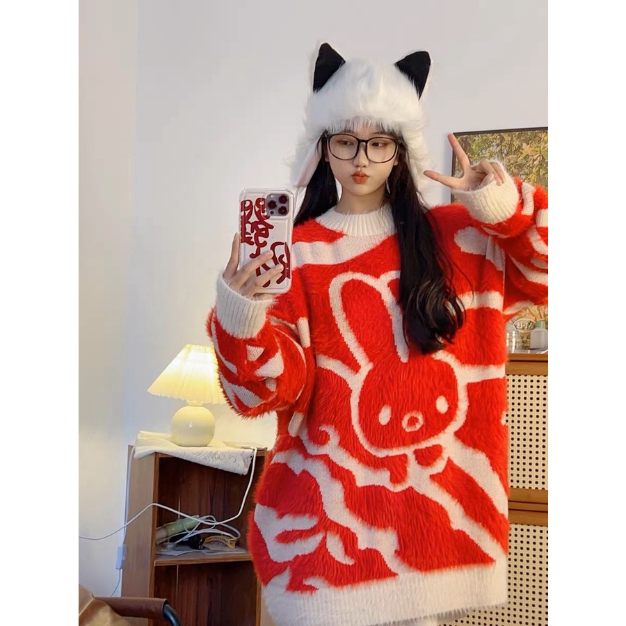 Jiashucheng Áo Sweater Dày Dặn Mềm Mại Phối Lông Thỏ Phong Cách Hàn Quốc Cho Nữ Sinh
