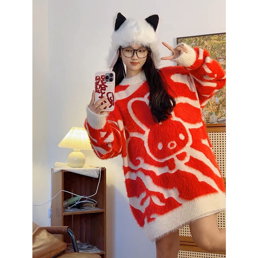 Jiashucheng Áo Sweater Dày Dặn Mềm Mại Phối Lông Thỏ Phong Cách Hàn Quốc Cho Nữ Sinh