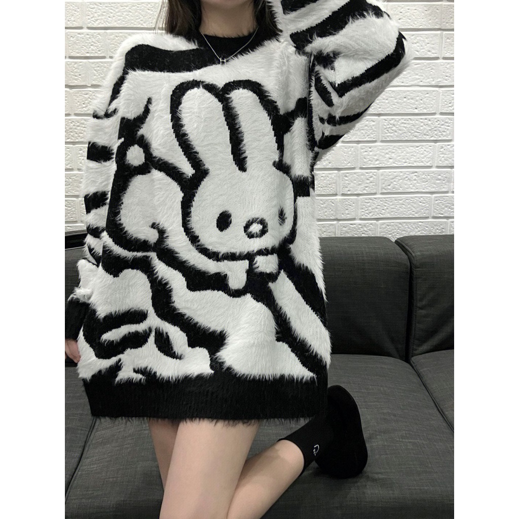 Jiashucheng Áo Sweater Dày Dặn Mềm Mại Phối Lông Thỏ Phong Cách Hàn Quốc Cho Nữ Sinh