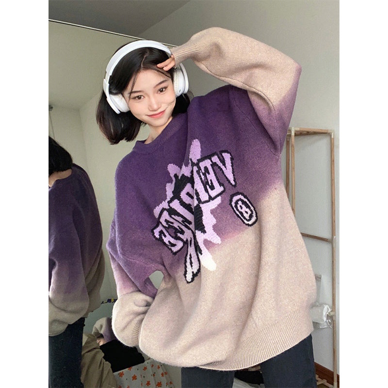 Jiashucheng Áo Sweater Cổ Tròn Màu Gradient Phong Cách Retro Mỹ