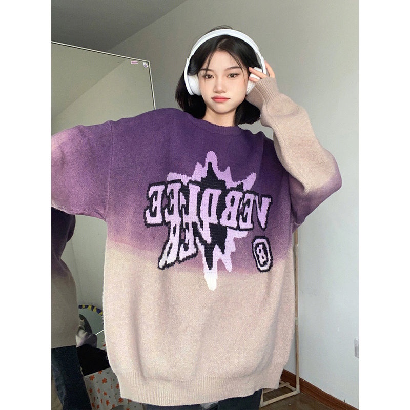 Jiashucheng Áo Sweater Cổ Tròn Màu Gradient Phong Cách Retro Mỹ