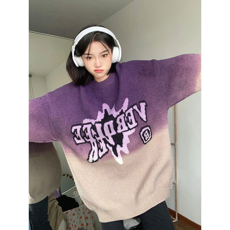 Jiashucheng Áo Sweater Cổ Tròn Màu Gradient Phong Cách Retro Mỹ
