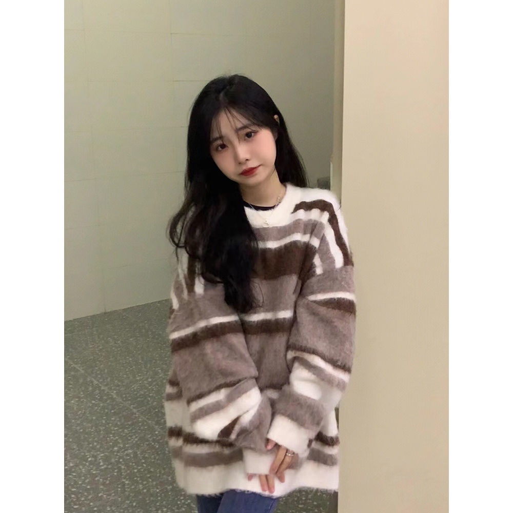 Jiashucheng Áo Khoác Sweater Dày Dáng Rộng Họa Tiết Kẻ Sọc Phong Cách Hàn Quốc Thời Trang Thu Đông Mới Cho Nữ