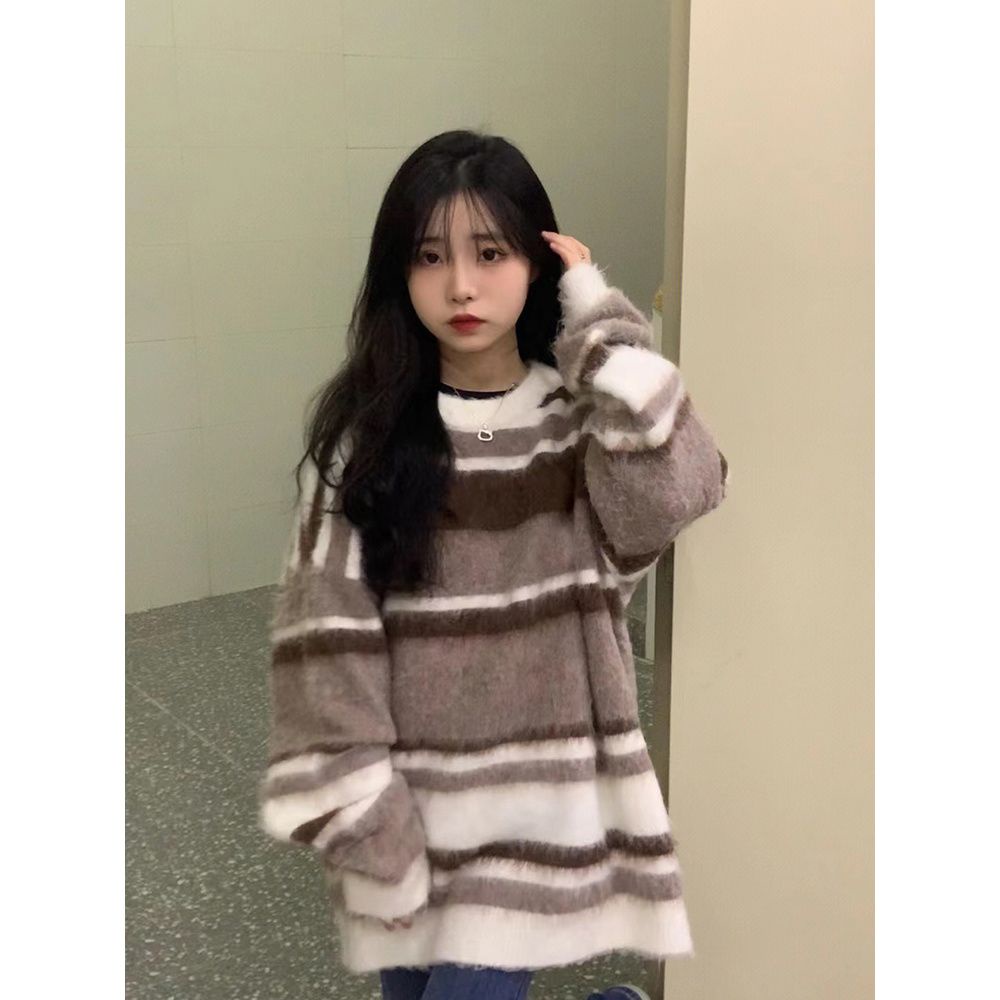 Jiashucheng Áo Khoác Sweater Dày Dáng Rộng Họa Tiết Kẻ Sọc Phong Cách Hàn Quốc Thời Trang Thu Đông Mới Cho Nữ