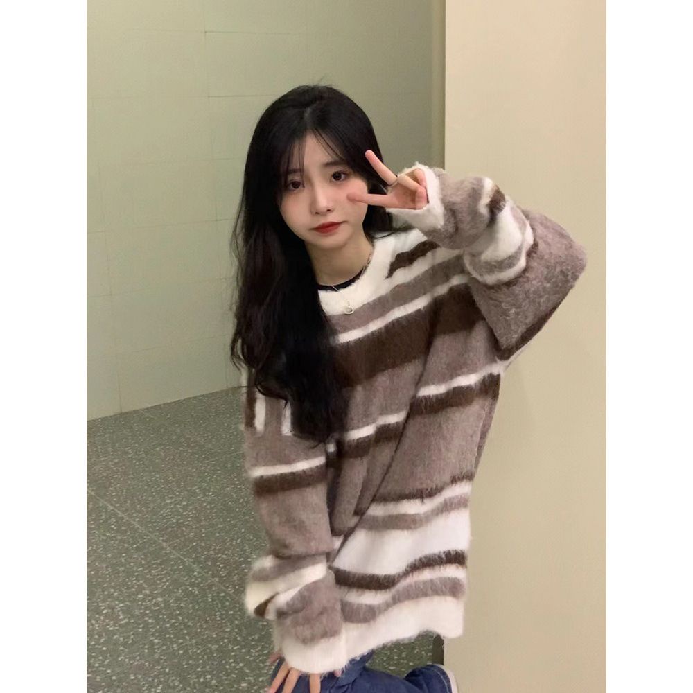 Jiashucheng Áo Khoác Sweater Dày Dáng Rộng Họa Tiết Kẻ Sọc Phong Cách Hàn Quốc Thời Trang Thu Đông Mới Cho Nữ