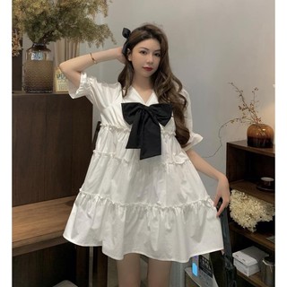 Đầm babydoll nữ ❤️váy xoè cổ v đính nơ❤️ chất thô mềm xếp tầng, tiểu thư -phương_1989