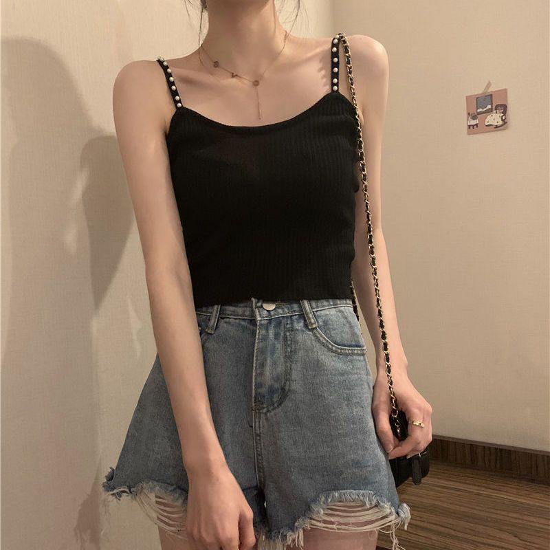 Jiashucheng Áo Lót Lụa Lạnh Dạng Ngắn Màu Trắng Trơn Mặc Bên Trong Thời Trang Mùa Hè Cho Nữ