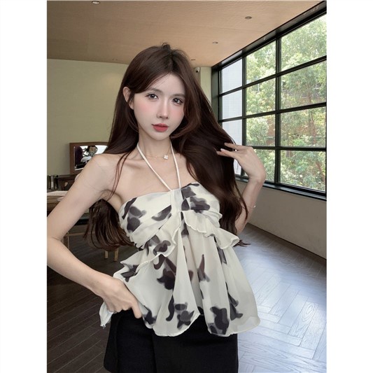 Jiashucheng Áo Ống In Mực Cổ Yếm Kiểu Pháp Thời Trang Mùa Hè Quyến Rũ Cho Nữ