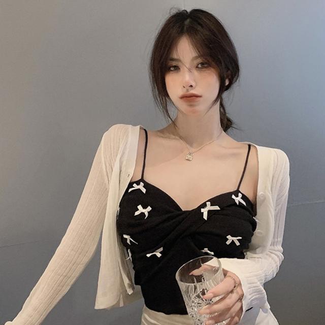 Jiashucheng Áo Dệt Kim Hai Dây Dáng Ôm Đính Nơ Thời Trang Mùa Hè Plus Size