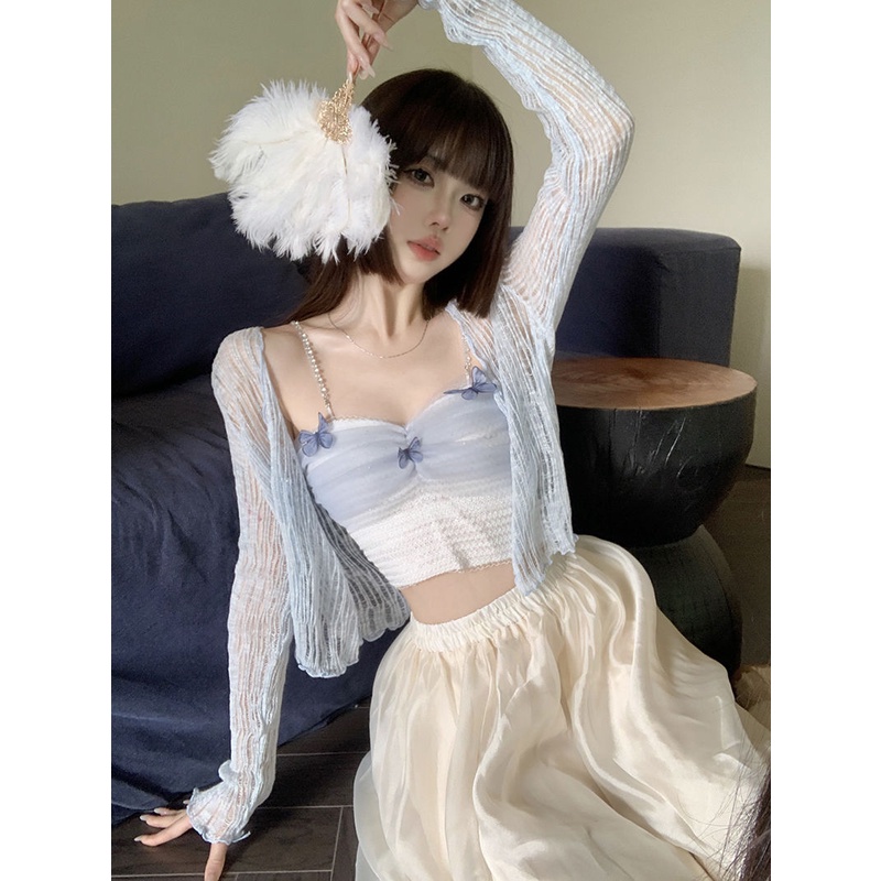 Jiashucheng Áo Hai Dây Ngắn Mỏng Ghép Mảnh Ghép Vải Gạc Thiết Kế Hình Bướm Thời Trang Mùa Hè Quyến Rũ Cho Nữ