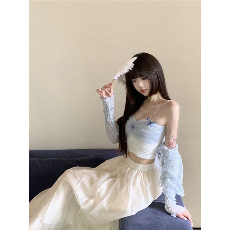 Jiashucheng Áo Hai Dây Ngắn Mỏng Ghép Mảnh Ghép Vải Gạc Thiết Kế Hình Bướm Thời Trang Mùa Hè Quyến Rũ Cho Nữ