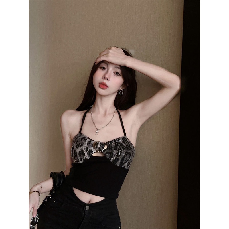 Jiashucheng Áo Ống Hai Dây Thêu Họa Tiết Da Báo Đính Kim Sa Lấp Lánh Quyến Rũ Mặc Ngoài Trời Mùa Hè Nóng Bỏng Cho Nữ