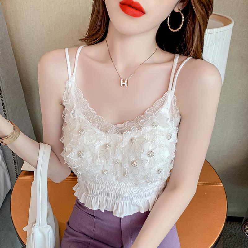 Jiashucheng Áo Hai Dây Dáng Ngắn Mỏng Ba Chiều Họa Tiết Hoa Đính Kim Cương Phong Cách Pháp Thời Trang Mùa Hè Hàng Mới Dành Cho Bạn Nữ