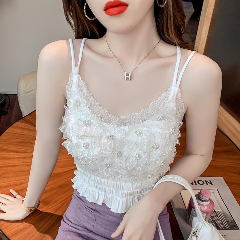 Jiashucheng Áo Hai Dây Dáng Ngắn Mỏng Ba Chiều Họa Tiết Hoa Đính Kim Cương Phong Cách Pháp Thời Trang Mùa Hè Hàng Mới Dành Cho Bạn Nữ